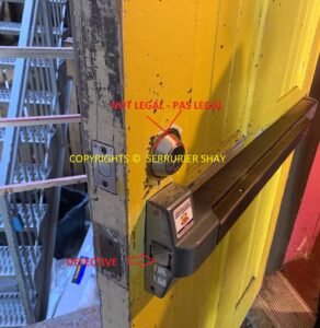 EXIT DEVICE DEFECTIVE AND ILLIGAL DOUBLE DEADBOLT